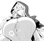  1girl breasts bursting_breasts cloak eyebrows_visible_through_hair greyscale grimm_(red_hood) hair_between_eyes highres hood hood_up hooded_cloak huge_breasts kurokawa_otogi large_breasts long_hair looking_at_viewer messy_hair monochrome red_hood_(kawaguchi) shirt simple_background solo sweat tight tight_shirt upper_body white_background 