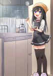  1girl asashio_(kancolle) bandana black_hair black_legwear blue_eyes comiching commentary_request dress highres kantai_collection kettle kitchen ladle long_hair long_sleeves pinafore_dress pot remodel_(kantai_collection) saucer shirt sleeves_rolled_up slippers smile solo standing thigh-highs tile_wall tiles white_shirt 