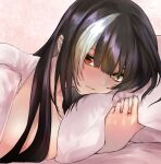  1girl bangs black_hair blush breasts commission girls_frontline heterochromia highres jewelry kojima_(blue_stardust) long_hair looking_at_viewer lying multicolored_hair on_side parted_lips pillow red_eyes ring ro635_(girls_frontline) shirt skeb_commission solo streaked_hair upper_body wedding_band white_hair white_shirt yellow_eyes 
