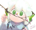  1boy animal_ears branch cat_boy cat_ears chinese_clothes dated eyebrows_visible_through_hair flower green_eyes hands_up long_sleeves luoxiaohei medium_hair mutudrxh1129 purple_flower signature simple_background solo the_legend_of_luo_xiaohei white_background white_hair 