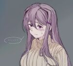  ... 1girl :s blush blush_stickers chomahu doki_doki_literature_club grey_background hair_intakes hair_ornament hairclip long_hair purple_hair simple_background sketch solo spoken_ellipsis sweatdrop sweater turtleneck turtleneck_sweater upper_body violet_eyes yuri_(doki_doki_literature_club) 