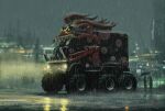  absurdres building concept_art dyatomi english_commentary ground_vehicle highres lights monster_truck night night_sky outdoors rain reflection sky standing twisted_metal umbrella vehicle_focus watermark 