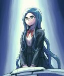  1girl bangs black_skirt blue_background blue_hair brown_eyes closed_mouth commentary_request dangan_ronpa_(series) dangan_ronpa_v3:_killing_harmony glasses jacket long_hair long_sleeves namu_(nurui_cha) neck_ribbon pale_skin parted_bangs red_ribbon ribbon serious shiny shiny_hair shirogane_tsumugi shirt shirt_tucked_in skirt solo standing very_long_hair white_background white_shirt 