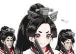  1girl black_hair brown_eyes commentary_request dated folding_fan hair_tie hand_fan high_ponytail kantai_collection long_hair looking_at_viewer multi-tied_hair multiple_views nisshin_(kancolle) one-hour_drawing_challenge parody red_ribbon ribbon short_eyebrows signature simple_background style_parody thick_eyebrows tk8d32 very_long_hair white_background 