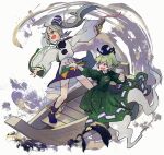  2girls arm_up bangs blue_footwear blue_headwear blue_skirt boots collar detached_sleeves dress eyebrows_visible_through_hair flying ghost_tail green_dress green_eyes green_hair grey_eyes grey_hair hair_between_eyes hand_up hands_up hat japanese_clothes kariginu long_hair long_sleeves looking_to_the_side mononobe_no_futo multiple_girls open_mouth pom_pom_(clothes) ponytail purple_background shirt skirt smile soga_no_tojiko standing syuri22 touhou white_background white_shirt wide_sleeves yellow_background 