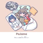  2girls :3 blush_stickers brown_hair chibi commentary dakimakura_(object) dreaming english_commentary english_text hakos_baelz highres hololive hololive_english imagining instagram_username monja_(monja0521) multicolored_hair multiple_girls mumei_(song)_(hololive) nanashi_mumei ouro_kronii pillow pixiv_username redhead signature sleeping streaked_hair thought_bubble twitter_username virtual_youtuber 