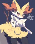  1girl absurdres animal_ear_fluff animal_ears blue_background blush braixen breasts bright_pupils contrapposto cowboy_shot dated fox_ears fox_tail furry gen_6_pokemon hand_up highres light_frown looking_at_viewer medium_breasts navel no_humans nyaswitchnya outstretched_arm pokemon pokemon_(game) pokemon_xy red_eyes red_nose signature simple_background solo stick symbol-only_commentary tail thick_thighs thighs tsurime 