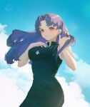  1girl absurdres bare_arms black_dress blue_sky breasts brown_eyes closed_mouth clouds commentary cross cross_necklace day dress earrings floating_hair greek_cross hand_in_hair hands_up highres jewelry katsuragi_misato large_breasts long_hair looking_at_viewer necklace neon_genesis_evangelion outdoors purple_hair sandwich_(3meiji) sky sleeveless sleeveless_dress smile solo stud_earrings 