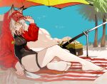  1girl absurdres animal_ears arknights beach beach_towel beach_umbrella bird black_swimsuit commentary ears_through_headwear fishing_rod grey_hair groin hand_on_headwear highres holding holding_knife hood hood_up hooded_jacket jacket knife long_hair official_alternate_costume one-piece_swimsuit open_clothes open_jacket outdoors palm_tree projekt_red_(arknights) projekt_red_(light_breeze)_(arknights) red_jacket renxzd sand sideways_glance sitting sky solo swimsuit tackle_box tail thigh_strap thighs towel tree umbrella wolf_ears wolf_girl wolf_tail yellow_eyes 