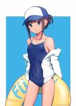  1girl baseball_cap black_hair blue_headwear blue_swimsuit covered_navel flat_chest fubuki_(kancolle) green_eyes hat highres innertube kantai_collection low_ponytail multicolored multicolored_clothes multicolored_headwear nakaaki_masashi navel one-piece_swimsuit ponytail short_ponytail sidelocks solo swimsuit white_headwear 