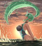  1girl armpits artist_name beach breasts cleavage_cutout closed_eyes clothing_cutout commentary cslucaris english_commentary eyebrows_visible_through_hair from_side green_hair hair_ornament highres large_breasts long_hair ocean one-piece_swimsuit patreon_username pneuma_(xenoblade) ponytail signature solo sunset swimsuit thighs water wet wet_clothes wet_hair xenoblade_chronicles_(series) xenoblade_chronicles_2 