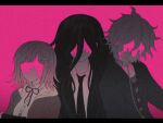  1girl 2boys bangs blood blood_on_face chain collar collarbone collared_shirt dangan_ronpa_(series) dangan_ronpa_3_(anime) dangan_ronpa_another_episode:_ultra_despair_girls faceless facing_viewer galaga hair_ornament highres hood hope&#039;s_peak_academy_school_uniform jacket kamukura_izuru komaeda_nagito letterboxed long_hair metal_collar monochrome multiple_boys nanami_chiaki neck_ribbon necktie open_clothes open_jacket open_mouth pink_blood porary red_ribbon ribbon school_uniform shirt short_hair smile striped striped_shirt upper_body white_shirt 