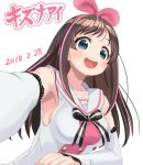  1girl blue_eyes breasts brown_hair detached_sleeves hairband haruyama_kazunori kizuna_ai kizuna_ai_inc. long_hair looking_at_viewer multicolored_hair open_mouth pink_hair pink_hairband simple_background smile solo streaked_hair virtual_youtuber white_background 