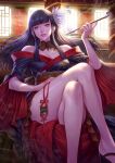  artist_request black_hair crossed_legs expressionless final_fantasy final_fantasy_xiv flower green_eyes hair_flower hair_ornament highres hime_cut indoors lips looking_at_viewer mole pipe shoulders sitting smoke thighs yotsuyu_(ff14) 