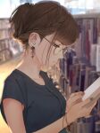  1girl bangs book bookshelf brown_hair earrings glasses highres jewelry library long_hair mole mole_under_eye original reading saitou_(lynx-shrike) shirt 