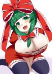  1girl bangs bow breasts dress frilled_dress frilled_ribbon frilled_sleeves frills front_ponytail green_eyes green_hair hair_bow hair_ribbon highres kagiyama_hina large_breasts long_dress medium_hair puffy_short_sleeves puffy_sleeves red_dress red_ribbon ribbon short_sleeves solo touhou xialu_zajin 