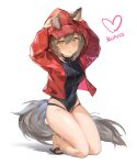  1girl absurdres animal_ears arknights artist_name breasts brown_hair cosplay full_body heart highres hood hooded_jacket jacket kneeling kuhnowushi looking_at_viewer medium_breasts open_clothes open_jacket original projekt_red_(arknights) projekt_red_(arknights)_(cosplay) red_hood red_jacket short_hair simple_background solo tail thick_thighs thighs white_background yellow_eyes 