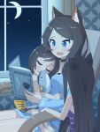  3girls :d absurdres animal_ear_fluff animal_ears black_choker blue_eyes blue_sky blush book cat_ears cat_tail child choker crescent_moon from_side grey_hair highres holding holding_book long_hair moon mother_and_daughter multiple_girls nekoze_(s22834712) night night_sky on_chair open_book open_mouth original reading siblings sisters sitting sitting_on_person sky smile tail tu_ya_(nekoze) 