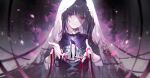  1girl akemi_homura bai_qi-qsr black_hair black_ribbon blood blood_on_clothes character_name collared_shirt crying crying_with_eyes_open english_commentary eyebrows_visible_through_hair floating highres long_hair mahou_shoujo_madoka_magica open_hands pale_skin parted_lips red_ribbon ribbon shaded_face shirt short_sleeves solo tears violet_eyes 