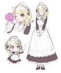  1girl :d ;d ahoge akamatsu_kaede alternate_costume alternate_hairstyle apron bangs black_dress blonde_hair bow chibi commentary_request dangan_ronpa_(series) dangan_ronpa_v3:_killing_harmony dress fc_(efushii) full_body hair_ornament hair_over_shoulder heart high_heels holding holding_tray long_hair long_sleeves looking_at_viewer maid maid_apron maid_headdress multiple_views musical_note_hair_ornament one_eye_closed open_mouth pink_eyes simple_background sketch smile steam tray white_background white_bow 