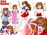  :d bag bishoujo_senshi_sailor_moon blue_eyes bow brown_hair choker closed_eyes commentary cosplay dated double_bun elbow_gloves gloves grey_shirt grey_skirt hair_ornament hairclip hakama high_heels highres japanese_clothes katsuragi_misato kimono long_hair miko multiple_views neon_genesis_evangelion ofuda open_mouth pink_overalls purple_bow purple_hair red_choker red_footwear red_hakama red_skirt sailor_mars sailor_mars_(cosplay) sailor_moon sailor_moon_(cosplay) school_uniform serafuku shirt signature skirt smile souryuu_asuka_langley speech_bubble translation_request tsunemoku twintails waving white_gloves white_kimono 