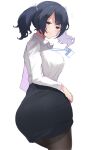  1girl ajifry39 alternate_costume ass black_legwear black_skirt blue_eyes blue_hair breasts collared_shirt hair_ribbon highres kantai_collection large_breasts long_sleeves office_lady pantyhose pencil_skirt ribbon shirt skirt solo souryuu_(kancolle) twintails white_ribbon white_shirt 