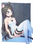  1girl absurdres animal_ear_fluff animal_ears bare_arms bare_shoulders black_bow black_choker black_panties blue_eyes blue_legwear blush border bow brown_hair cat_ears cat_tail choker feet_out_of_frame from_side gradient gradient_legwear highres long_hair nekoze_(s22834712) open_mouth original panties shirt side-tie_panties sitting solo tail thigh-highs tu_ya_(nekoze) underwear very_long_hair white_border white_legwear white_shirt 