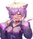  1girl ;d absurdres ahoge animal_ears bangs black_hoodie blush breasts cat_ears cat_girl cat_tail collar collarbone deaver drawstring eyebrows_visible_through_hair fang food_print highres hololive hood hood_down hoodie large_breasts long_sleeves looking_at_viewer nekomata_okayu ok_sign one_eye_closed onigiri_print open_mouth purple_hair short_hair smile solo tail upper_body v violet_eyes virtual_youtuber 