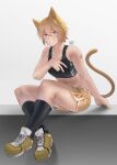  1girl animal_ears ankle_boots backlighting bandaid bandaid_on_arm bandaid_on_cheek bandaid_on_leg black_legwear black_sports_bra blonde_hair blue_eyes boots breasts cat_ears cat_girl cat_tail collarbone crossed_ankles dolphin_shorts fang full_body grin hair_between_eyes hunyan looking_at_viewer original shorts sitting small_breasts smile socks solo sports_bra tail tomboy white_background yellow_footwear yellow_shorts 