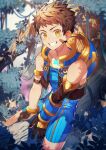  1boy absurdres armlet bandaid bodysuit brown_gloves brown_hair diving_helmet gloves grin helmet highres in_tree rex_(xenoblade) sitting sitting_in_tree smile solo sora_(zwz030) spiky_hair tree xenoblade_chronicles_(series) xenoblade_chronicles_2 yellow_eyes 