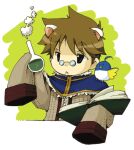  1boy :&lt; alchemist_(ragnarok_online) animal_ears animal_on_shoulder bangs bird bird_on_shoulder black_eyes blue_cape book brown_coat brown_hair cape closed_mouth coat eyebrows_visible_through_hair filir_(ragnarok_online) flask holding holding_book kano_(coyotehunt) lowres pince-nez potion ragnarok_online round-bottom_flask short_hair sleeves_past_fingers sleeves_past_wrists upper_body white_background 