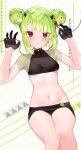 1girl :3 bangs black_gloves black_panties black_skirt blush breasts closed_mouth commentary crop_top delutaya demon_horns double_bun eyebrows_visible_through_hair eyes_visible_through_hair feet_out_of_frame gloves green_hair hair_ornament hands_up highres holding horns hoshi_usagi indie_virtual_youtuber looking_at_viewer microskirt navel panties red_eyes short_hair short_sleeves skirt small_breasts solo stomach thread underwear virtual_youtuber 