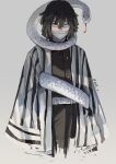 1boy absurdres animal aqua_eyes bandage_on_face bandages belt black_hair gradient gradient_background grey_background heterochromia highres iguro_obanai kimetsu_no_yaiba looking_at_viewer male_focus null_(skev7724) red_eyes signature sleeves_past_fingers sleeves_past_wrists snake striped striped_clothes tongue tongue_out twitter_username white_belt white_snake wrapping yellow_eyes 
