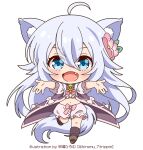  1girl 32ki7san :d absurdres ahoge animal_ear_fluff animal_ears bell bloomers blue_eyes cheat_kushushi_no_slow_life chibi fang flower hair_flower hair_ornament highres long_hair midriff neck_bell noela_(cheat_kushushi_no_slow_life) open_mouth outstretched_arms puffy_short_sleeves puffy_sleeves running short_sleeves silver_hair smile solo tail underwear vest wolf_ears wolf_girl wolf_tail 