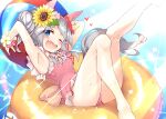  1girl ;d animal_ears armpits ball bangs bare_arms bare_legs bare_shoulders barefoot beachball blue_eyes blush casual_one-piece_swimsuit commentary_request eyebrows_visible_through_hair fang feet_out_of_frame flower frilled_swimsuit frills grey_hair hair_flower hair_ornament heart highres holding holding_ball horse_ears horse_girl horse_tail innertube knee_up leg_up looking_at_viewer moeki_yuuta one-piece_swimsuit one_eye_closed open_mouth parted_bangs pink_swimsuit red_flower smile solo swimsuit tail tamamo_cross_(umamusume) twintails umamusume water 