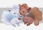  :d alolan_form alolan_vulpix blue_eyes commentary eye_contact fang gen_1_pokemon gen_7_pokemon highres kikuyoshi_(tracco) looking_at_another no_humans number one_eye_closed open_mouth paws pokemon pokemon_(creature) signature smile toes tongue vulpix 