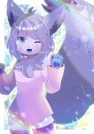  1girl ;d animal_ears bangs blue_eyes blush commentary_request dress eyebrows_visible_through_hair fang furry grey_hair hair_between_eyes hands_up kou_hiyoyo long_sleeves looking_at_viewer one_eye_closed open_mouth original pink_dress pink_legwear smile solo tail_raised thigh-highs 