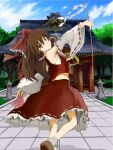  bow brown_eyes brown_hair detached_sleeves gohei hair_bow hair_tubes hakurei_reimu hakurei_shrine japanese_clothes long_hair looking_at_viewer miko nontraditional_miko ofuda outdoors outstretched_arms red_bow ribbon-trimmed_sleeves ribbon_trim shrine shuucream_(syuichi) sidelocks sketch solo talisman touhou wide_sleeves yellow_neckwear 
