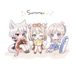  3girls animal_ears ball bangs beachball bikini bikini_top blonde_hair blue_skirt chae_ara chibi double_bun elreyiens eyebrows_visible_through_hair fox_ears fox_girl fox_tail green_eyes innertube lee_siu looking_at_viewer multiple_girls nijisanji nijisanji_kr one_eye_closed red_eyes sand sitting skirt so_nagi swimsuit tail tied_hair violet_eyes virtual_youtuber white_bikini 