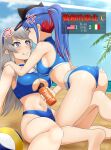  2girls alternate_hairstyle american_flag angry ass beach beach_volleyball between_breasts bikini blue_bikini blue_hair blue_sky bottle breasts cleavage_cutout clothing_cutout clouds cloudy_sky grey_eyes highres italian_flag kantai_collection large_breasts long_hair multiple_girls nikku_(nzaf5832) official_alternate_costume palm_tree redhead sand silver_hair sitting sky south_dakota_(kancolle) swimsuit tree visor_cap volleyball washington_(kancolle) water_bottle white_hair 