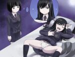  2girls bed black_eyes black_hair blush bob_cut clothes_lift commentary drooling expressionless hosoinogarou imagining koguma_(super_cub) long_hair looking_at_another multiple_girls necktie on_bed open_mouth panties pillow purple_background reiko_(super_cub) school_uniform short_hair simple_background skirt skirt_lift sleeping snoring sparkle spread_legs super_cub sweat thought_bubble underwear upper_teeth white_panties yuri 