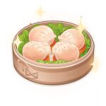  artist_request bamboo_steamer commentary dumpling english_commentary food food_focus genshin_impact lettuce lowres no_humans official_art sparkle still_life third-party_source transparent_background 