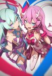  2girls :d alternate_color asymmetrical_gloves bangs bare_shoulders blue_eyes blue_hair breasts closed_mouth fang gloves hair_between_eyes hair_ornament highres honkai_(series) honkai_impact_3rd liliya_olenyeva looking_at_viewer mismatched_gloves multiple_girls nanase_hibiki open_mouth pink_hair purple_gloves purple_legwear rozaliya_olenyeva siblings small_breasts smile tail thick_eyebrows thigh-highs twins v white_background white_gloves white_legwear 