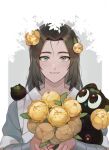  2boys black_cat black_hair blush cat flower green_eyes hair_flower hair_ornament hands_up highres holding holding_flower leaf long_hair looking_at_viewer luoxiaohei multiple_boys plant sarara93983380 smile the_legend_of_luo_xiaohei upper_body wuxian_(the_legend_of_luoxiaohei) yellow_flower 