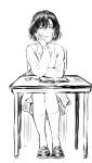  1girl absurdres bomhat commentary desk eraser freckles full_body greyscale hand_on_own_chin highres kneehighs long_sleeves looking_at_viewer monochrome notebook original pencil school_desk school_uniform shoes short_hair sitting skirt solo sweater 