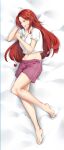  1girl barefoot bed_sheet breasts closed_eyes collarbone commission dakimakura_(medium) drooling from_above full_body hair_ornament highres large_breasts league_of_legends leona_(league_of_legends) long_hair lulu-chan92 lying midriff navel on_side open_mouth red_shorts redhead shiny shiny_hair shirt short_shorts shorts sleeping solo stomach t-shirt very_long_hair white_shirt 
