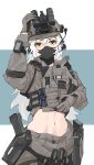  1girl abs absurdres gloves goggles goggles_on_headwear gun handgun hazo helmet highres holster holstered_weapon long_hair looking_at_viewer magazine_(weapon) mask military military_operator military_uniform mouth_mask navel night_vision original solo uniform watch watch weapon white_hair yellow_eyes 