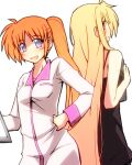  2girls blonde_hair blue_eyes couple fate_testarossa happy long_hair looking_at_another lowres lyrical_nanoha mahou_shoujo_lyrical_nanoha_vivid multiple_girls namuru open_mouth orange_hair pajamas red_eyes sleepwear smile takamachi_nanoha very_long_hair yuri 