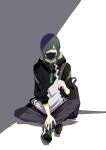  1boy absurdres backpack bag black_footwear black_jacket black_pants crossed_ankles full_body green_hair hair_over_one_eye highres jacket long_sleeves looking_at_viewer male_focus original pants red_eyes shoes sitting solo tama_(tama-s) 