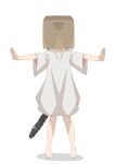  1girl absurdres animal_ears bag bag_over_head barefoot cat_ears facing_viewer full_body highres naked_shirt nekoze_(s22834712) original outstretched_arms oversized_clothes oversized_shirt paper_bag pigeon-toed shirt simple_background solo spread_arms white_background wide_sleeves 